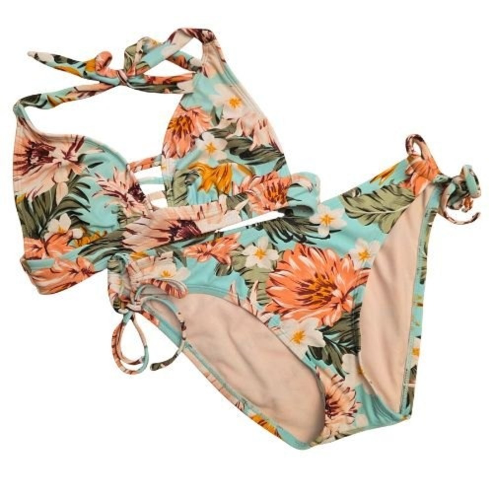 Womens S Tropical Floral Bikini Set Aqua Blue Caged Halter Top Side Tie Bottoms